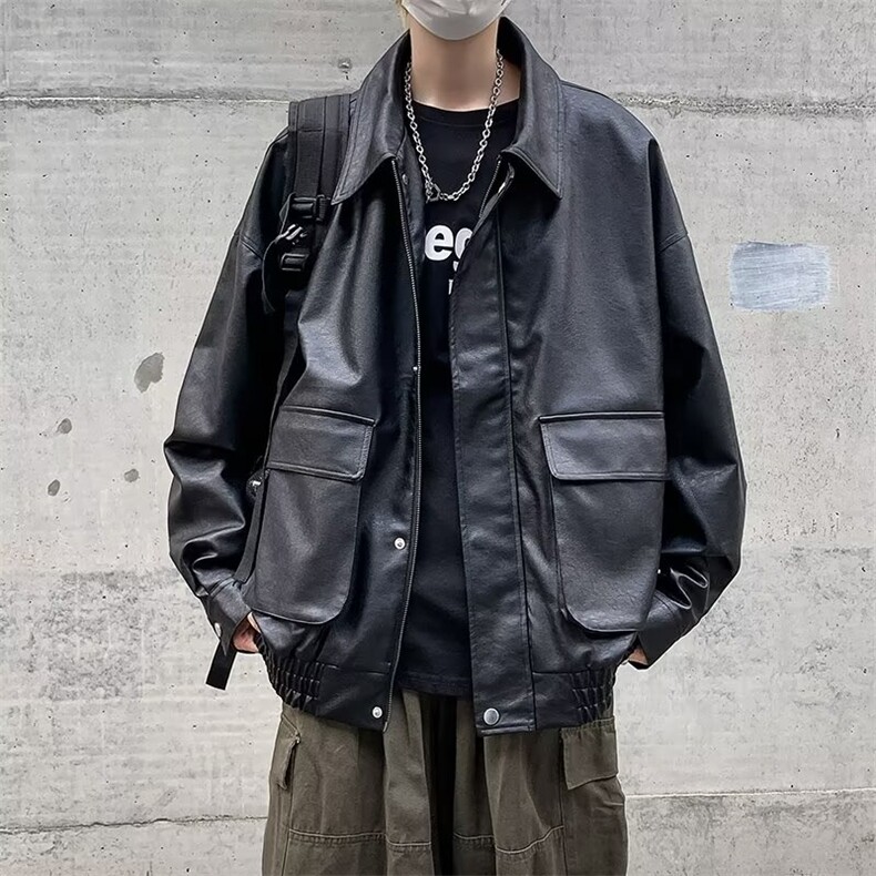 港风秋款男皮夹克工装大口袋纹路宽松休闲皮外套JK906 P75图片