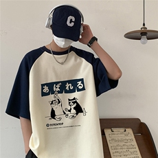 2025夏季新款日系可爱卡通猫咪图案印花中性幸运T恤T985/P35控48，男装T恤，电商A148