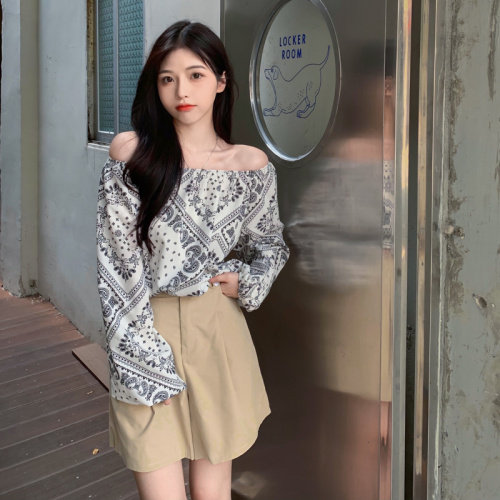 价韩版新款复古腰果花一字肩两穿长袖衬衫高腰显瘦短裤女,女装蕾丝衫/雪纺衫,潮品会