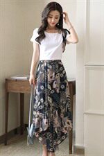 短袖纯色上衣+印花修身半身裙时尚优雅甜美套装/套裙2020年夏季，女装套装/套裙，贵人树