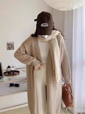 秋冬新款中长款针织开衫女过膝外搭韩版慵懒风羊毛毛衣厚外套，女装羊毛衫，思途羊绒