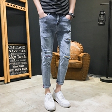 2021春夏新款弹力牛仔裤男破洞潮流修身小脚裤QT6027-M369，男装牛仔裤，电商D218