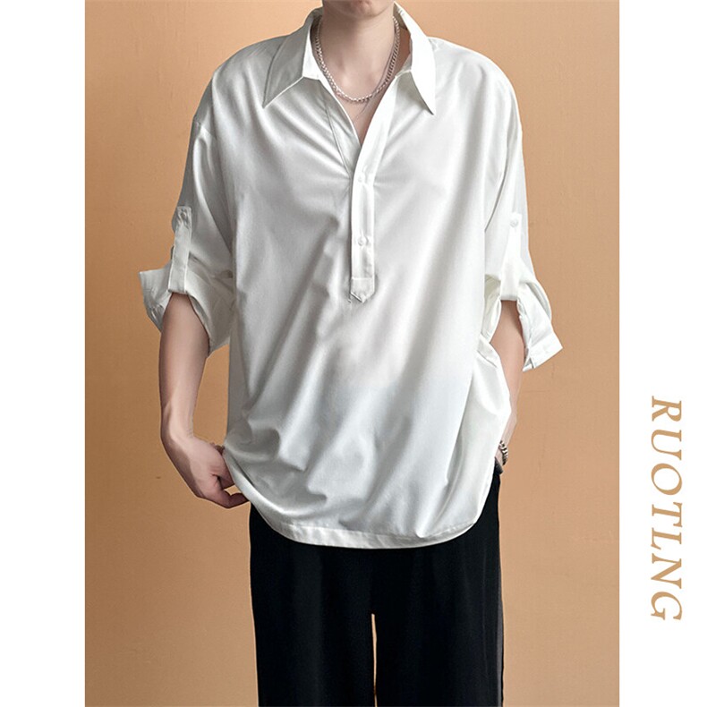 现货-新款长袖冰丝衬衫男宽松潮牌个性休闲百搭衬衣-AC2448-P65，男装衬衫，电商A351