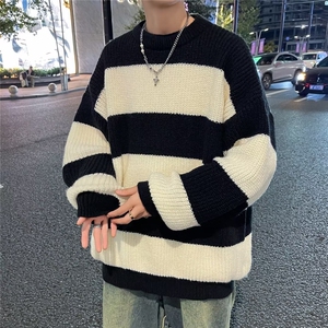 条纹毛衣日系慵懒复古男士针织衫秋冬季新款外套高级感线衣服图片