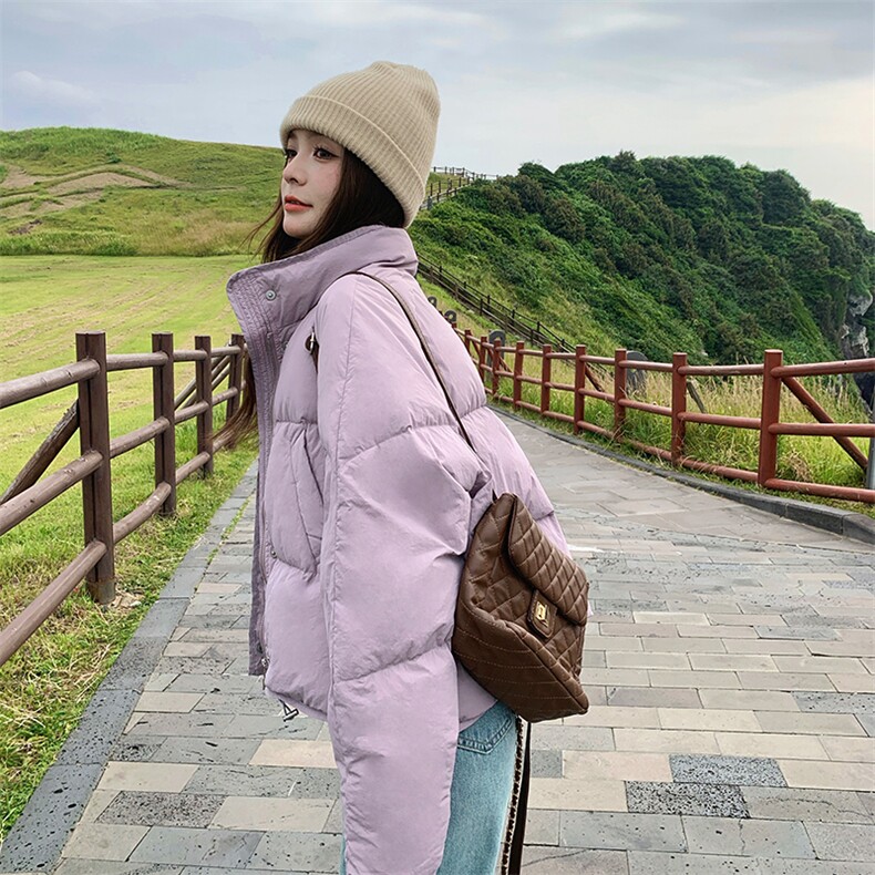 韩系紫色短款羽绒服女冬2024新款学院风减龄设计感加厚面包服外套图片