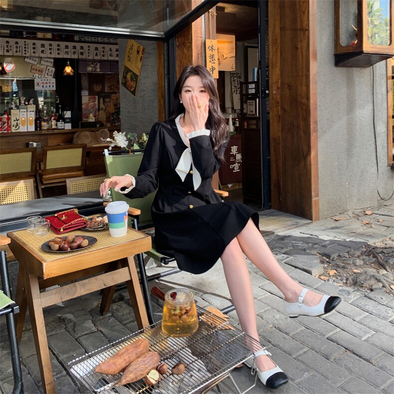 2024春款时尚潮流女装连衣裙甜美蝴蝶结设计显瘦修身长袖裙装,女装连衣裙,浪花E族（衣布洛）