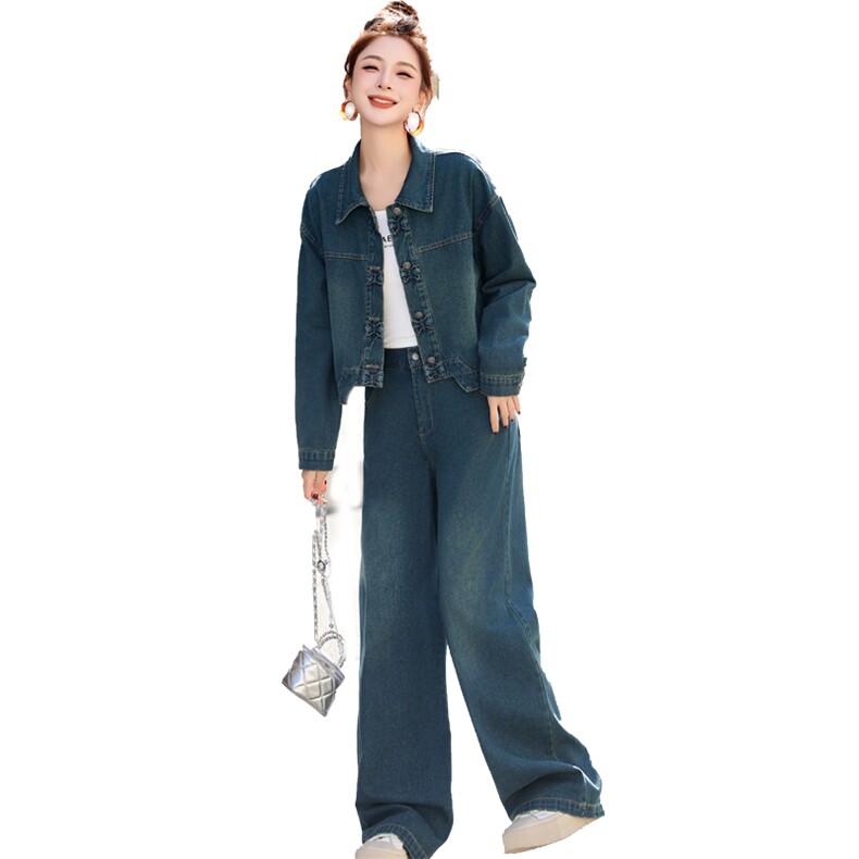 新中式牛仔套装女2025春新款超好看独特漂亮超火减龄阔腿裤两件套,女装套装/套裙,欣品汇
