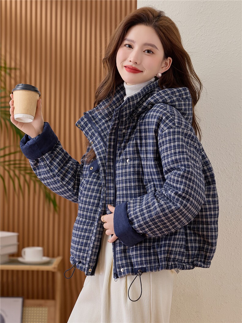 复古格子羽绒棉服女2025冬季新款短款保暖棉衣巨好看的夹棉厚外套,女装棉衣/棉服,涵誉