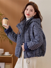 复古格子羽绒棉服女2025冬季新款短款保暖棉衣巨好看的夹棉厚外套，女装棉衣/棉服，涵誉
