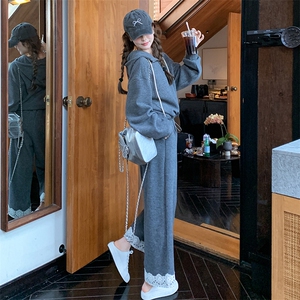 灰色韩系休闲运动卫衣套装女2025春秋季新款蕾丝拼接阔腿裤两件套图片