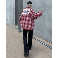 拼色设计感格子毛呢刺绣长袖衬衫男女宽松潮流春秋外套CS0011-P50，男装衬衫，星座308B-1