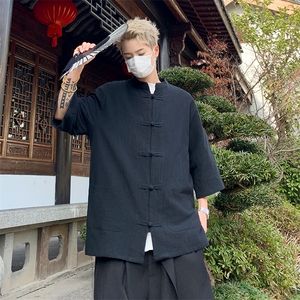 新款中山装夏季亚麻短袖男新中式风汉服衬衫唐装T恤C45388-P45图片