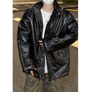 美式高街立领PU皮衣棉服外套潮牌宽松保暖棉衣图片