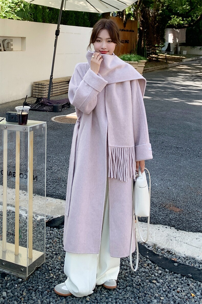 现货手工缝制70羊毛双面呢大衣配围巾210-651-P270-K398,女装双面呢大衣,韩蜜菓
