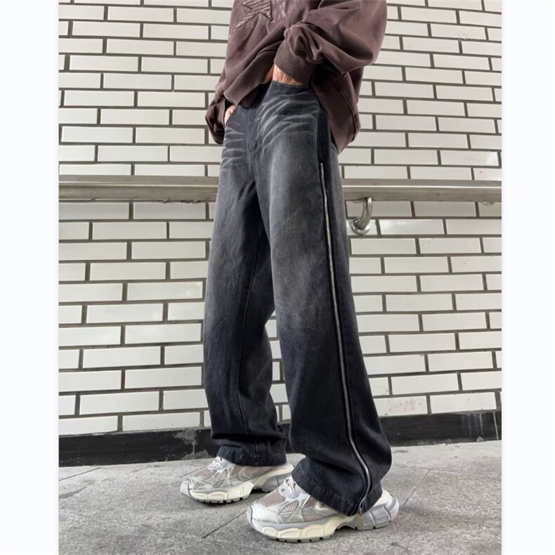 美式高街牛仔裤男韩版潮侧边拉链条纹2024秋冬ins长裤RK1124-P51,男装牛仔裤,星座412-2