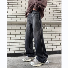 美式高街牛仔裤男韩版潮侧边拉链条纹2024秋冬ins长裤RK1124-P51，男装牛仔裤，星座412-2