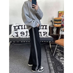美式三条杠运动裤男春秋款卫裤宽松直筒抽绳休闲裤子 KX1538图片
