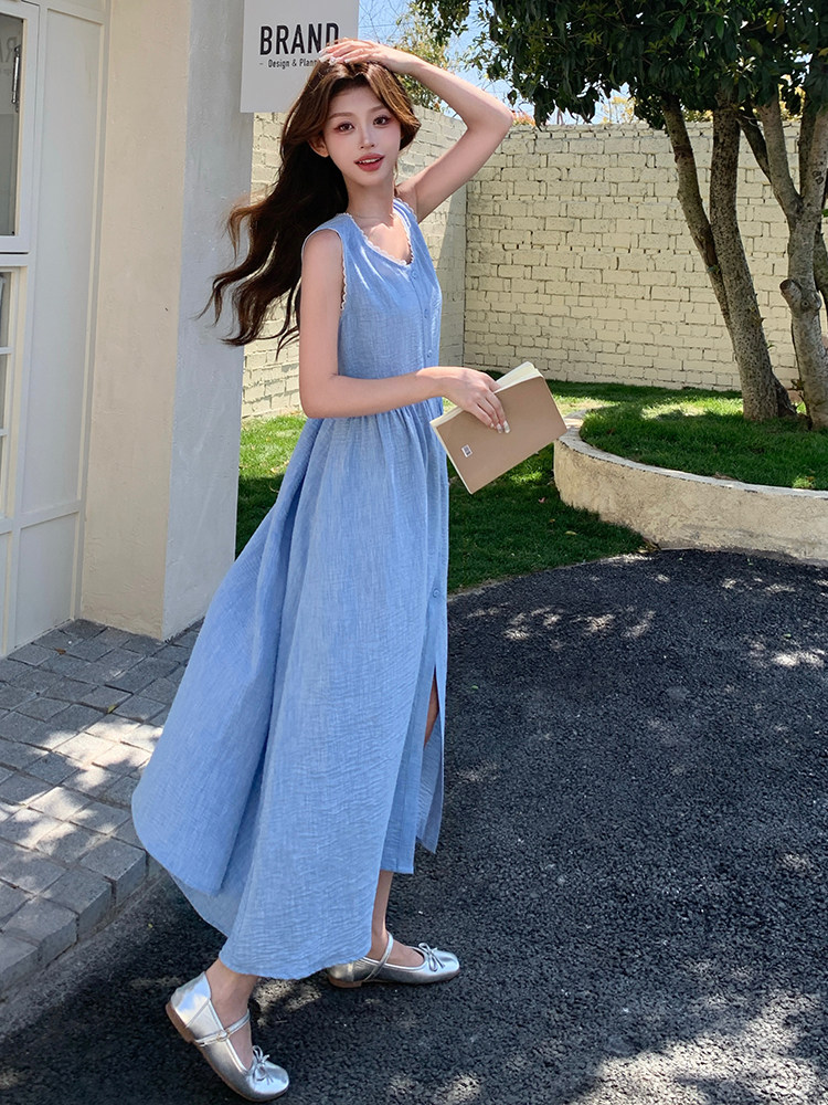蓝色时尚设计感花边背心连衣裙女2025夏季新款浪漫度假风过膝长裙,女装连衣裙,浙宝276（原081）