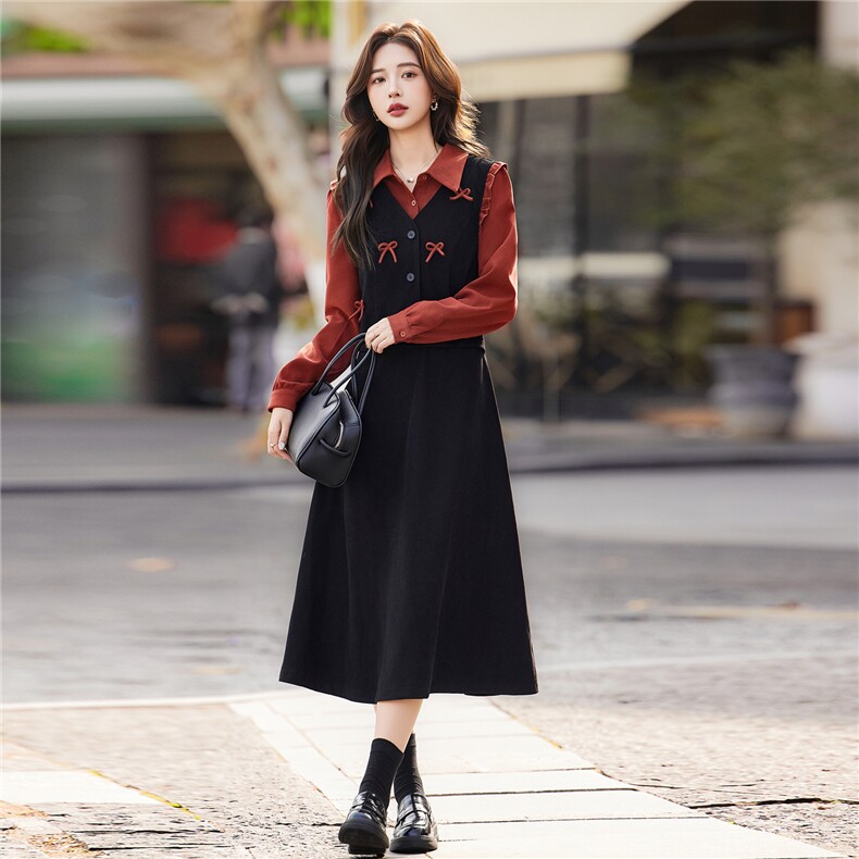 2026法式轻奢气质高级感拼接假两件连衣裙春季新款遮跨显瘦中长裙，女装连衣裙，姿萝菲