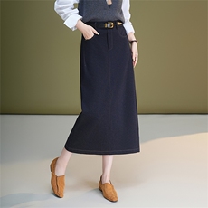 牛仔蓝半身裙女2025秋季新款中长款休闲高腰遮胯小个子开叉包臀裙，女装半身裙，艾米