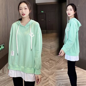 2021春季新款时尚假两件连帽卫衣 宽松显瘦长袖上衣女,女装卫衣/绒衫,深水步