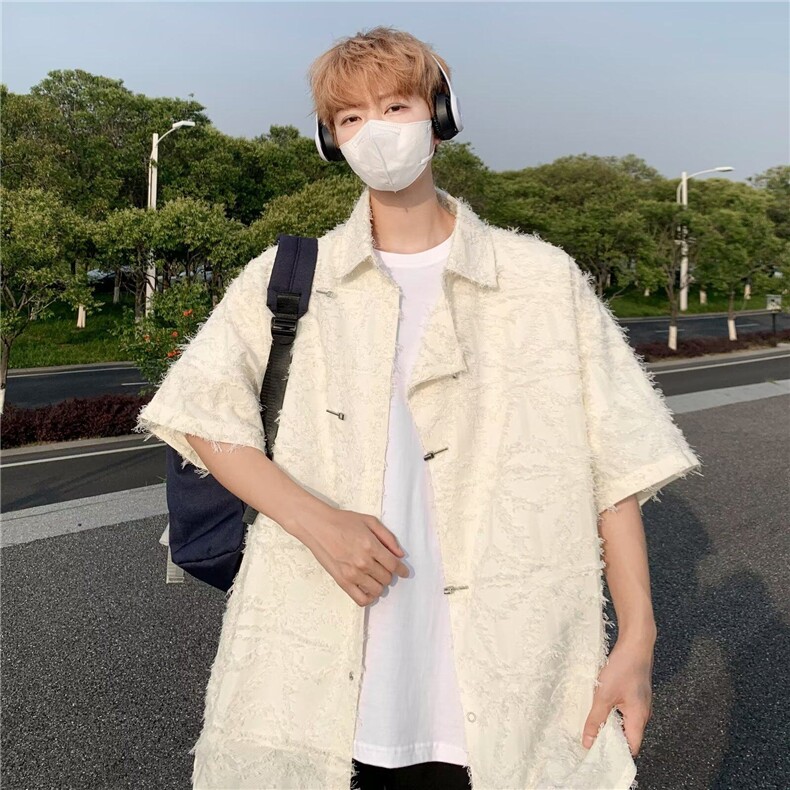 潮风新中式毛边短袖衬衫男夏季高级设计感复古小众上衣W1277,男装T恤,星座813-2
