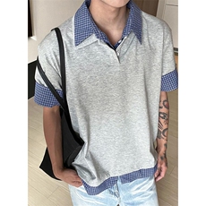 得物抖音高品质二开夏季美式潮牌高街假两件格子衬衣翻领短袖T恤，男装T恤，电商A486