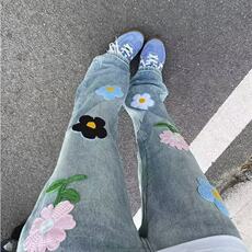 美式高街vibe风复古水洗花朵刺绣贴布牛仔裤男女微喇垂感潮流裤子，女装休闲裤，星座506A