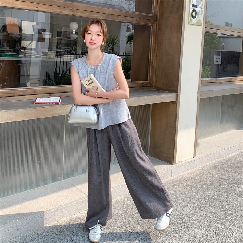 蓝色法式松弛感背心套装女夏新款小个子无袖上衣休闲阔腿裤两件套,女装套装/套裙,2C258