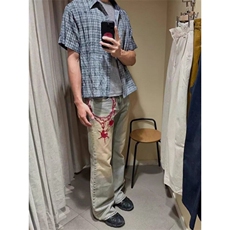 美式高街流星锤裤链刺绣半松紧牛仔裤男女同款宽松直筒微喇休闲裤，男装休闲裤，星座601-1