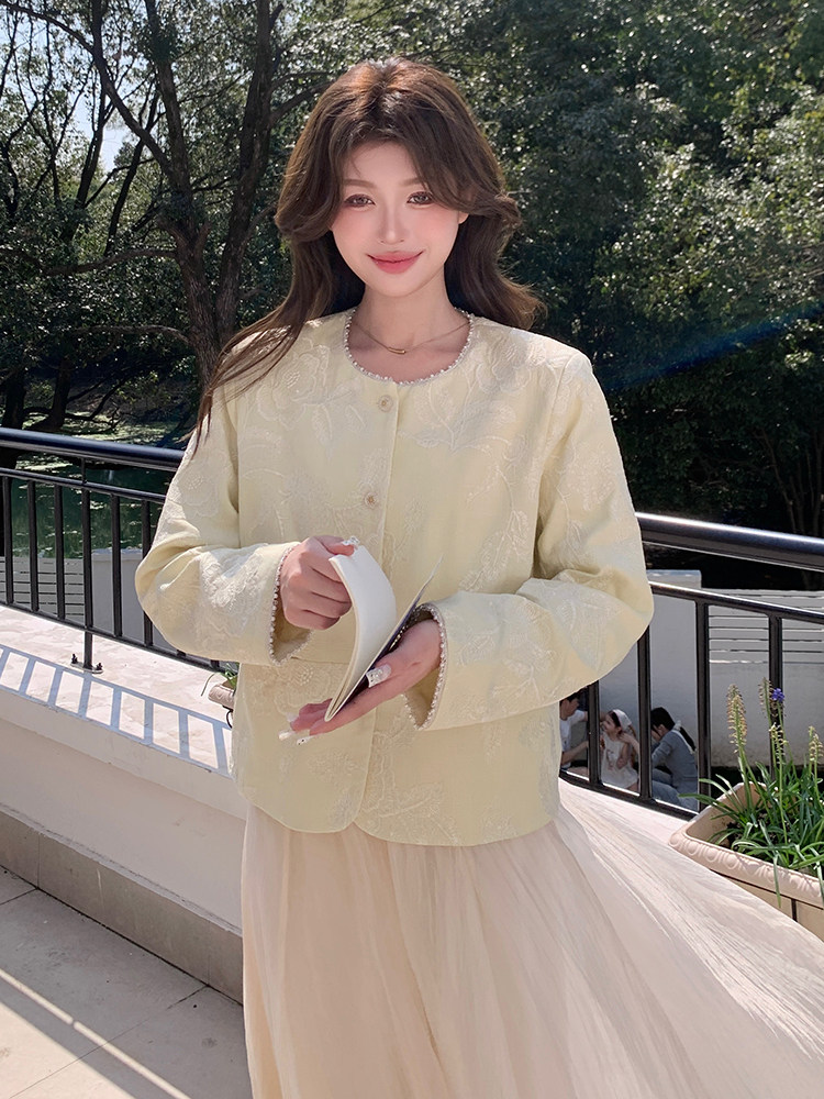 上亮片麻料重工外套春季中国甜美宽松单件短款圆领单排扣2025,女装短外套,浙宝208A