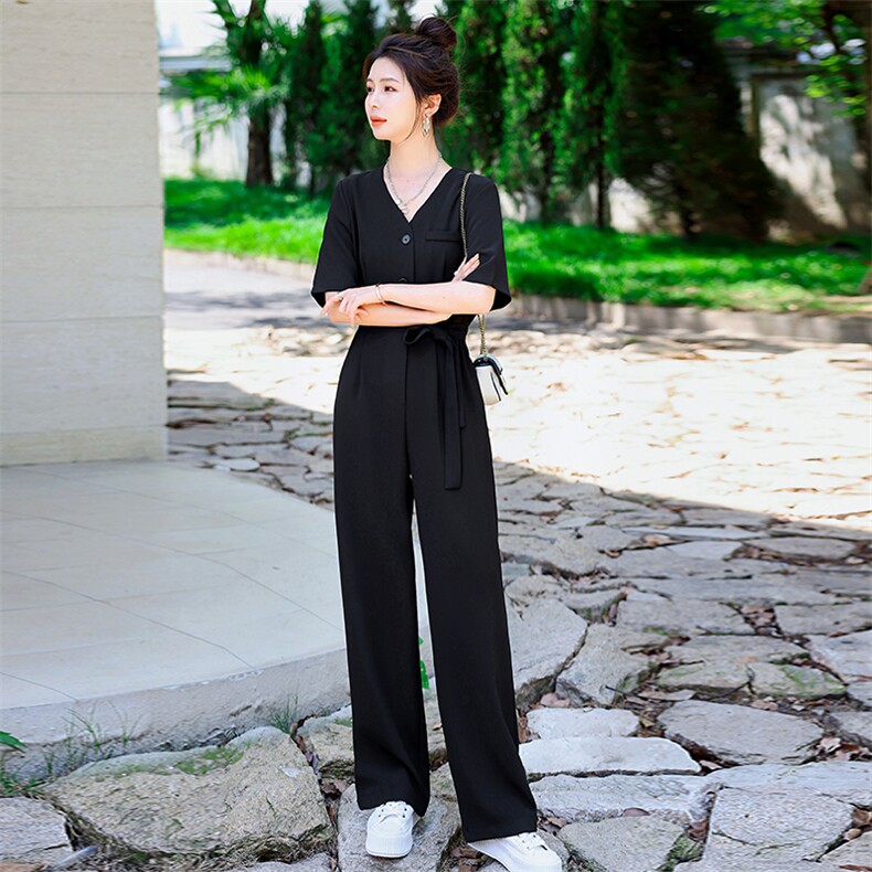 欧货高级感西装连体裤女2024夏季新款韩版高腰显瘦V领阔腿连衣裤,女装连体裤,瑶迪依秀