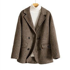现货精品通勤外贸咖啡色欧美风秋冬新款双面羊毛格子西装外套，女装双面呢大衣，丝露依尚（原SL）