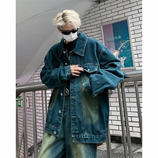 港风秋款男牛仔套装休闲运动套装渐变色牛仔夹克牛仔裤JK815P95，男装休闲套装，星座1013-1
