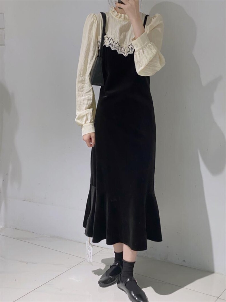 拼接丝绒鱼尾连衣裙，女装连衣裙，驿谷