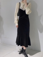 拼接丝绒鱼尾连衣裙，女装连衣裙，驿谷