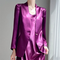 2025春夏新款西装开衫女V领醋酸缎面高级感西装宽松显瘦气质外套，女装西装，暖习羊绒