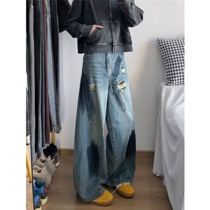 时尚美式复古灯笼廓形锥形涂鸦破洞显瘦垂感拖地男女阔腿牛仔裤潮,男装休闲裤,星座1013