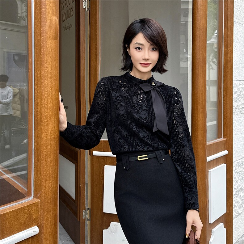 2025秋冬转新款百搭蕾丝法式蝴蝶结长袖小衫高级感上衣打底衫,女装蕾丝衫/雪纺衫,2C091