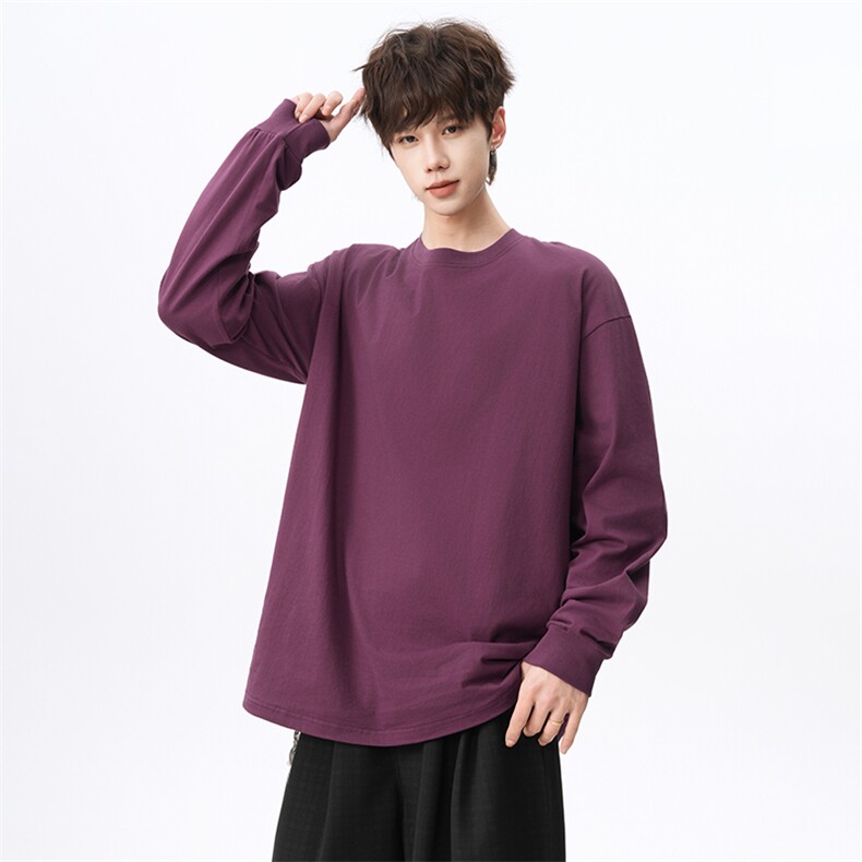 乌梅紫2026新款男女同款高克重带螺纹纯棉长袖T恤A158-T333-P18，男装T恤，电商A158
