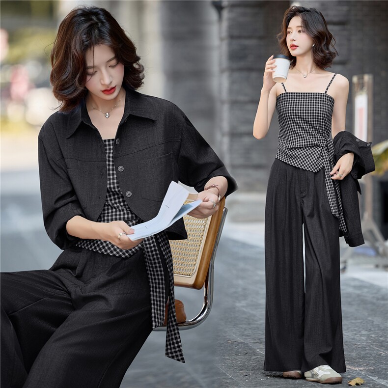 2025秋装新款衬衣+格子吊带三件套,女装套装/套裙,依路服饰