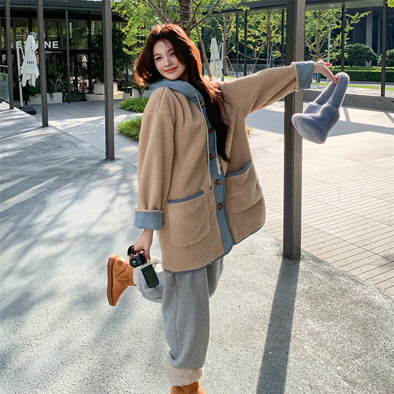 撞色拼接连帽羊羔毛外套女2025冬季新款韩系学院风小个子加厚棉服,女装皮草,天使之佳话