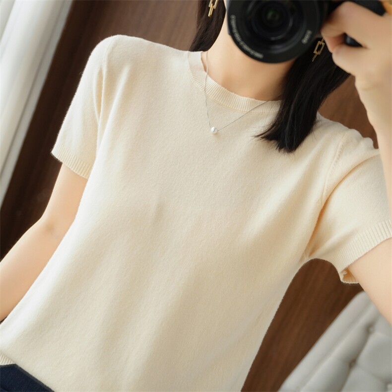 爆款纯棉半袖上衣亚麻针织t恤女薄款2022夏季新圆领宽松短袖，女装针织衫/毛衣，春韵羊绒