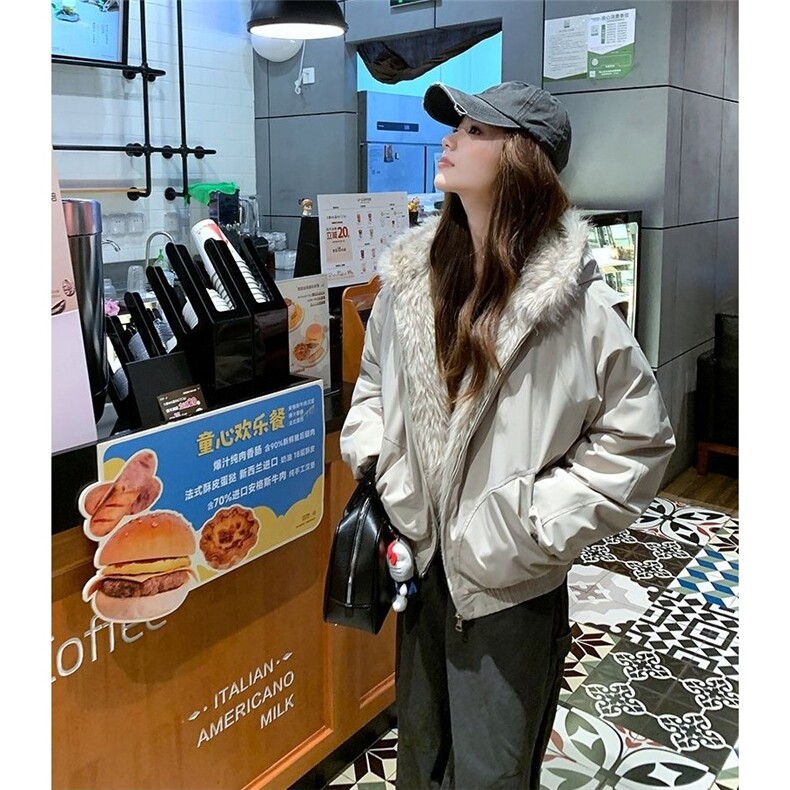 潮座山雕毛绒连帽棉服男女2025冬季美式cleanfit设计感加厚棉衣，女装棉衣/棉服，星座1210-1