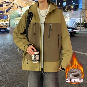 AJ129-P98 冬季加绒加厚连帽冲锋衣防风防水插色拼接棉衣外套图片