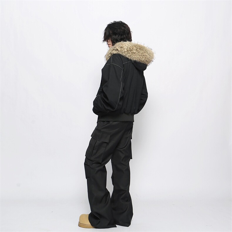 现货重磅boxy短款棉衣座山雕大毛毛领男女棉服水洗工装厚外套,男装棉衣,电商A443