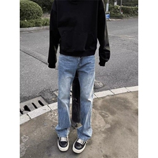 闪电纹牛仔裤男款夏季美式高街cleanfit裤子蓝色修身直筒微辣喇裤，男装牛仔裤，星座601-1
