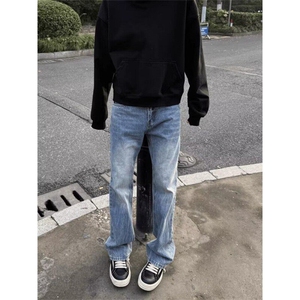 闪电纹牛仔裤男款夏季美式高街cleanfit裤子蓝色修身直筒微辣喇裤图片