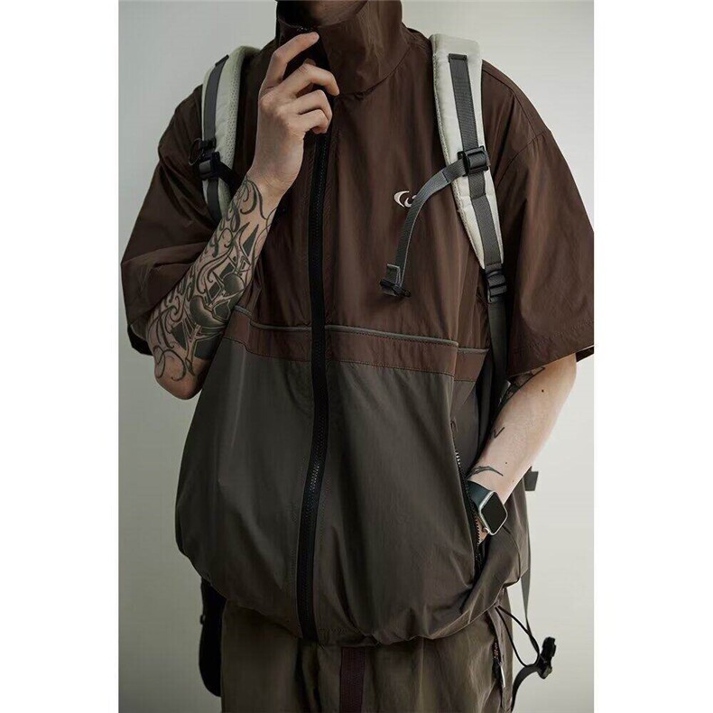 CP1156-P44设计感小众美式拉链夏季新款撞色拼接衬衫休闲上衣，男装衬衫，电商B323A