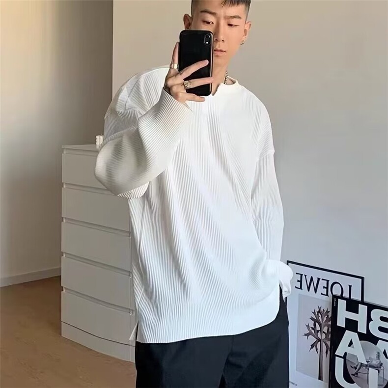 特大码褶皱坑条t恤男女设计感V领宽松长袖cityboy亨利领体恤300斤,男装T恤,星座506A